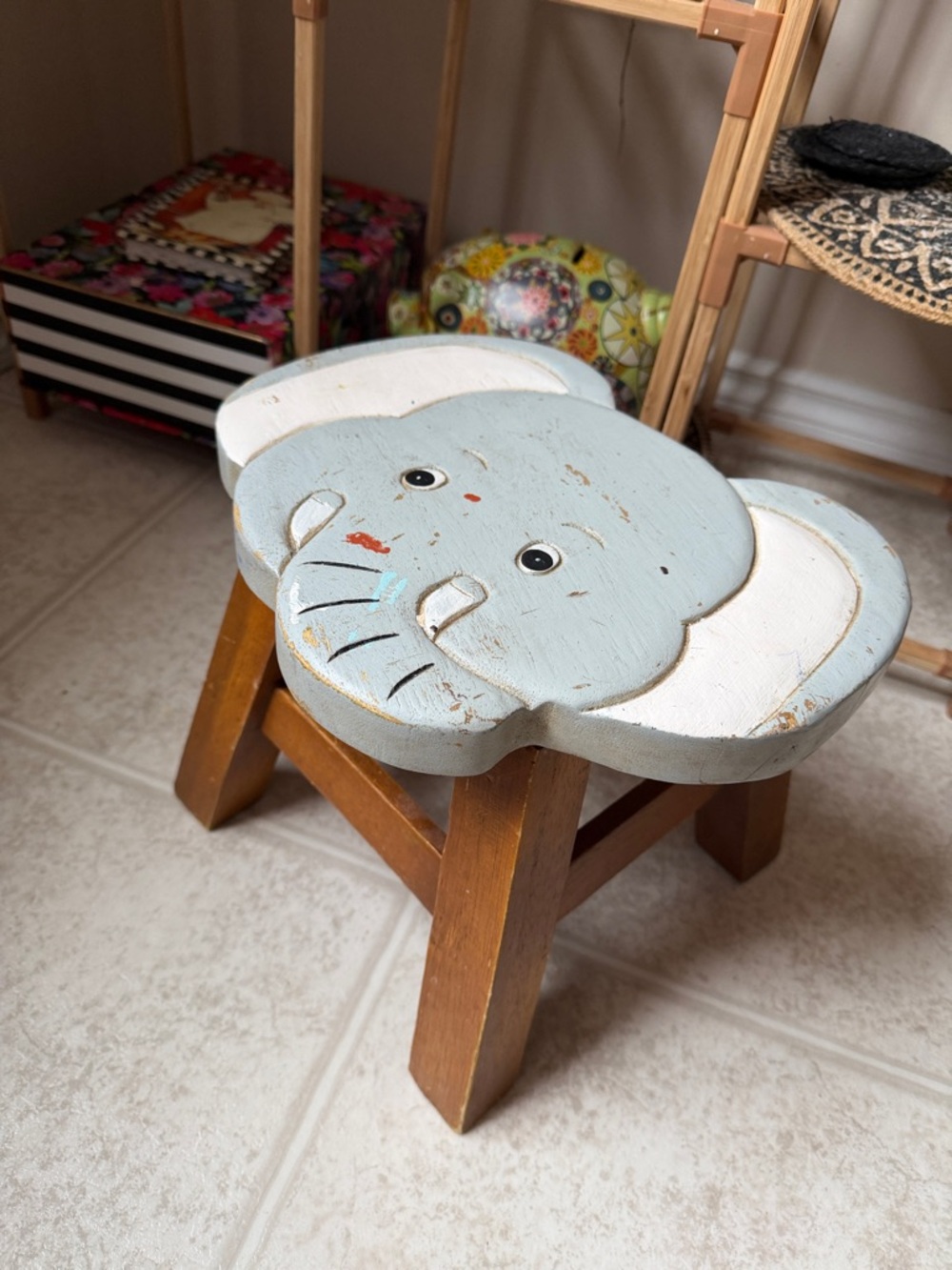 Hand-Painted Elephant Kids Stool in Blue and White